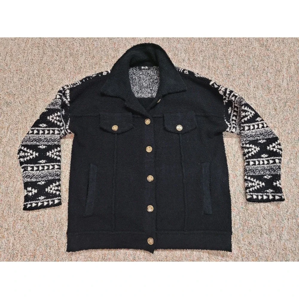 Miss Me Jacket Womens Small Black White Wubby Print Button‎ Down Soft Fuzzy